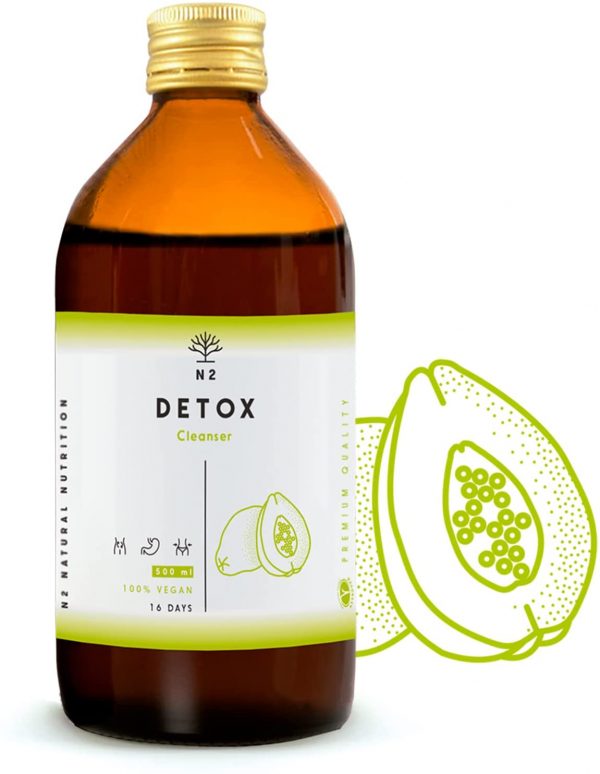 DETOX Dimagrante Forte Drenante Depurativo Antiossidante Elimina Tossine Fegato Integratore Tè Verde Guaranà Papaia Dente di Leone Ortosifon Liquido 500ml Certificato VEGANO CE N2 Natural Nutrition