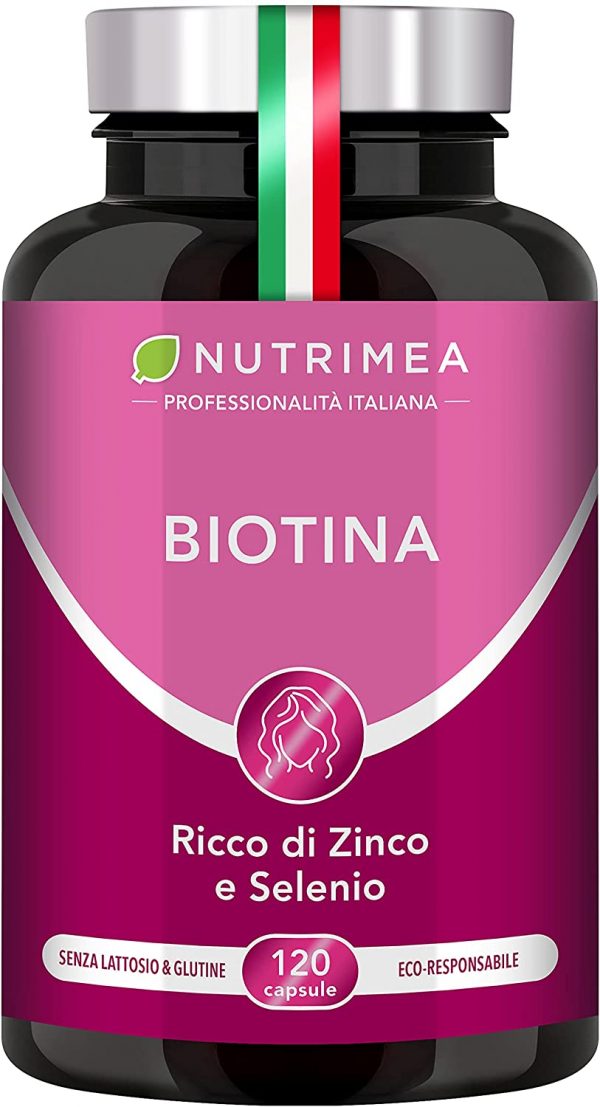 Biotina Nutrimea | Capelli, Unghie e Pelle | Zinco Selenio Vitamina B7 | Acceleratore Crescita Capelli | Luminosità Della Pelle | 900% VNR | Trattamento 4 Mesi