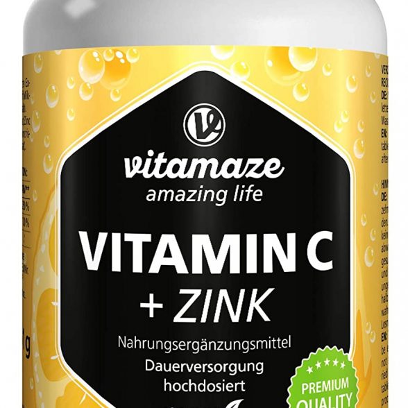 Vitamaze® Vitamina C Pura 1000 mg Alto Dosaggio + Zinco, 180 Compresse Vegan per 6 Mesi, Vitamin C Dose Forte, Qualità Tedesca, Naturale Integratore Alimentare senza Additivi non Necessari