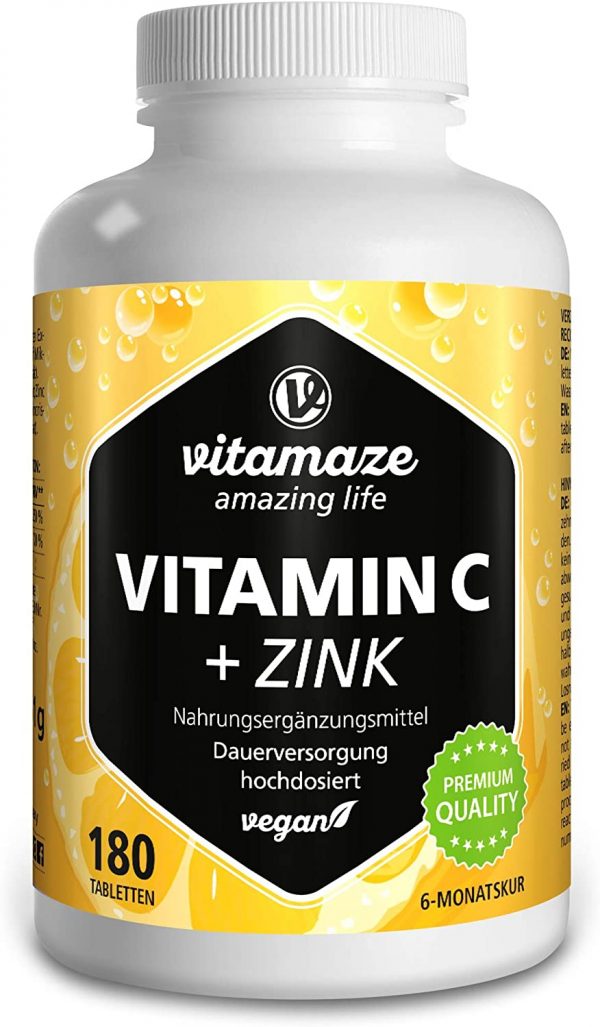 Vitamaze® Vitamina C Pura 1000 mg Alto Dosaggio + Zinco, 180 Compresse Vegan per 6 Mesi, Vitamin C Dose Forte, Qualità Tedesca, Naturale Integratore Alimentare senza Additivi non Necessari