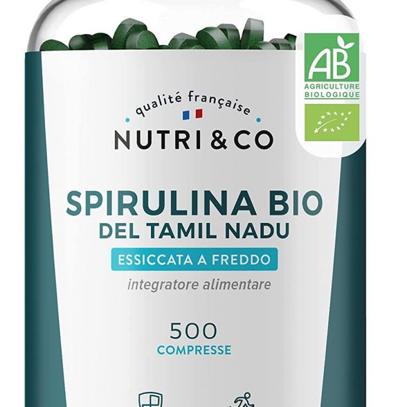 Spirulina Biologica | 500 Compresse Bio da 500 mg Pure Senza Eccipienti | 15 a 19% di Ficocianina | Polvere Essiccata e Compressa a Freddo | Analizzata e Confezionata in Francia da Nutri&Co