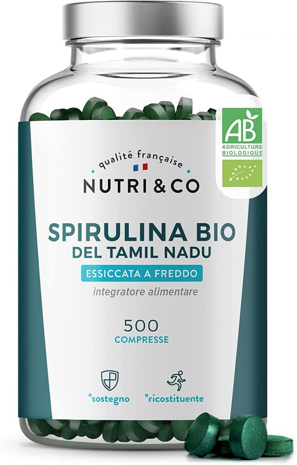 Spirulina Biologica | 500 Compresse Bio da 500 mg Spirulina Biologica | 500 Compresse Bio da 500 mg Pure Senza Eccipienti | 15 a 19% di Ficocianina | Polvere Essiccata e Compressa a Freddo | Analizzata e Confezionata in Francia da Nutri&Co