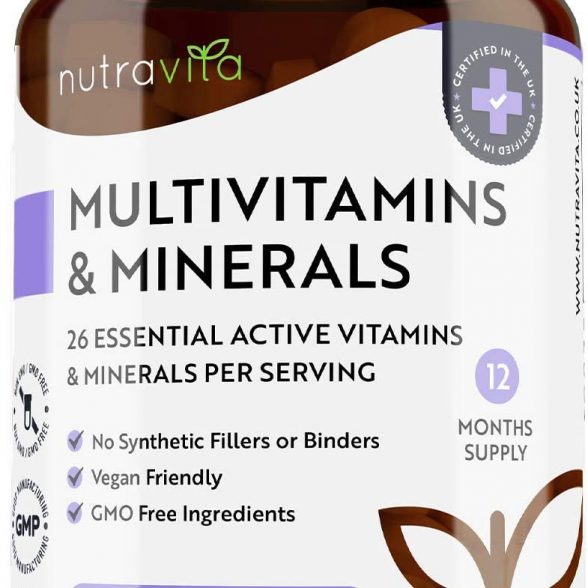 Multivitaminico e Minerali – 365 Compresse Vegane (Fornitura di 1 anno) con 26 Vitamine e Minerali Essenziali – Compresse Multivitaminiche per Uomini e Donne – Prodotto nel Regno Unito da Nutravita