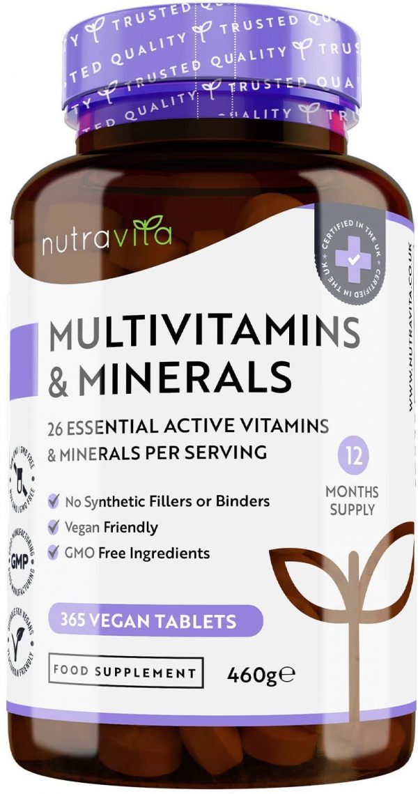 Multivitaminico e Minerali – 365 Compresse Vegane (Fornitura di 1 anno) con 26 Vitamine e Minerali Essenziali – Compresse Multivitaminiche per Uomini e Donne – Prodotto nel Regno Unito da Nutravita