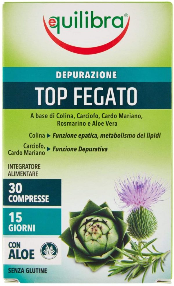 Equilibra Integratori Alimentari, Top Fegato, Integratore Depurativo Fegato, per la Normale Funzione Epatica, Con Aloe Vera, Cardo Mariano, Colina, Carciofo, Rosmarino, Senza Glutine, 30 Compresse