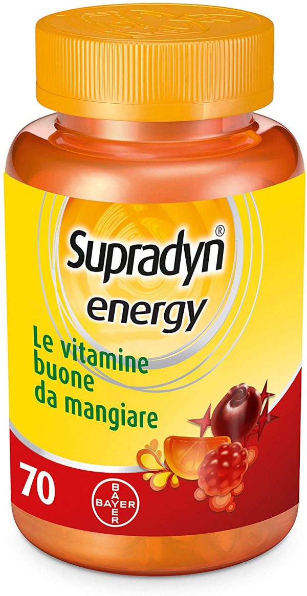 Supradyn Energy Integratore Multivitaminico Alimentare Completo, con Vitamine A, B, C, D, E e Coenzima Q10 contro la Stanchezza, 70 Caramelle Gommose, Gusto Ciliegia, Lampone e Arancia